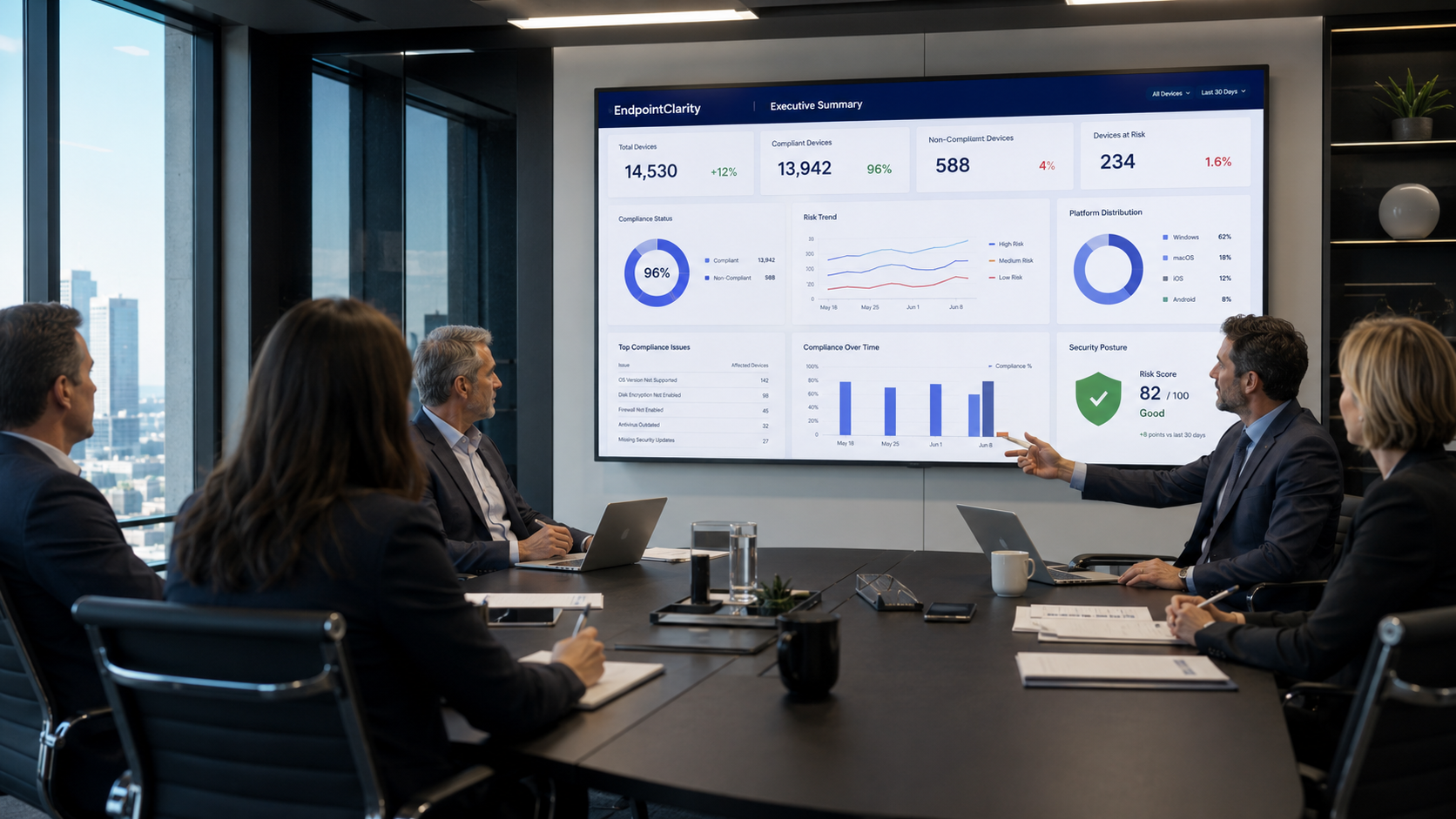 Leadership team reviewing an EndpointClarity executive summary dashboard in a conference room