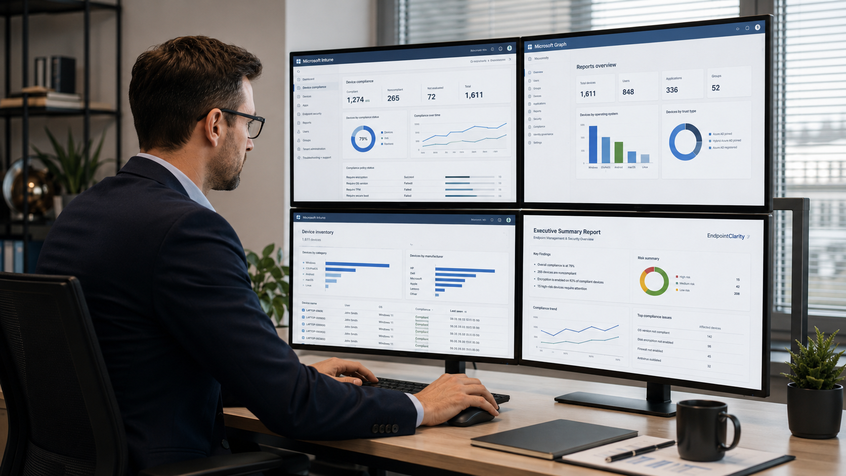 Consultant reviewing Microsoft Intune and Microsoft Graph reporting dashboards across multiple monitors
