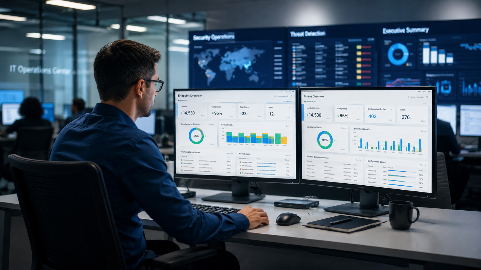 IT operations analyst reviewing EndpointClarity-style Microsoft Intune dashboards in a security operations center